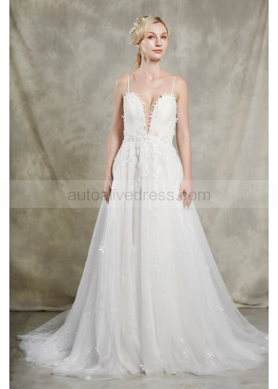Plunging V Neck Ivory Lace Sparkle Tulle Open Back Wedding Dress
